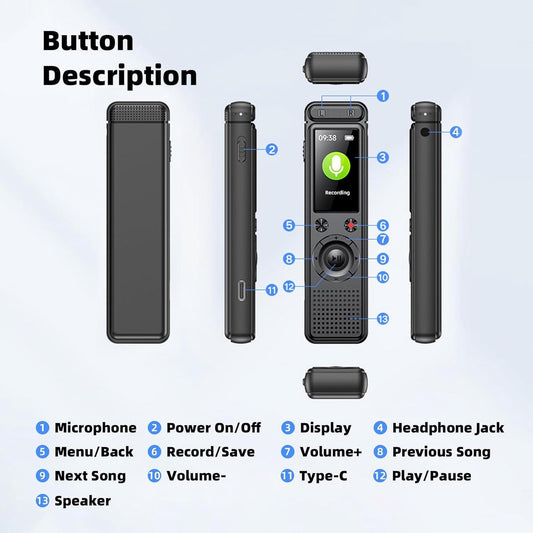 Voice Recorder - Dictaphone - Rechargeable - Portable - Clear Sound - Meetings, Interviews - 64 GB - Black V1188-MS-313-0818