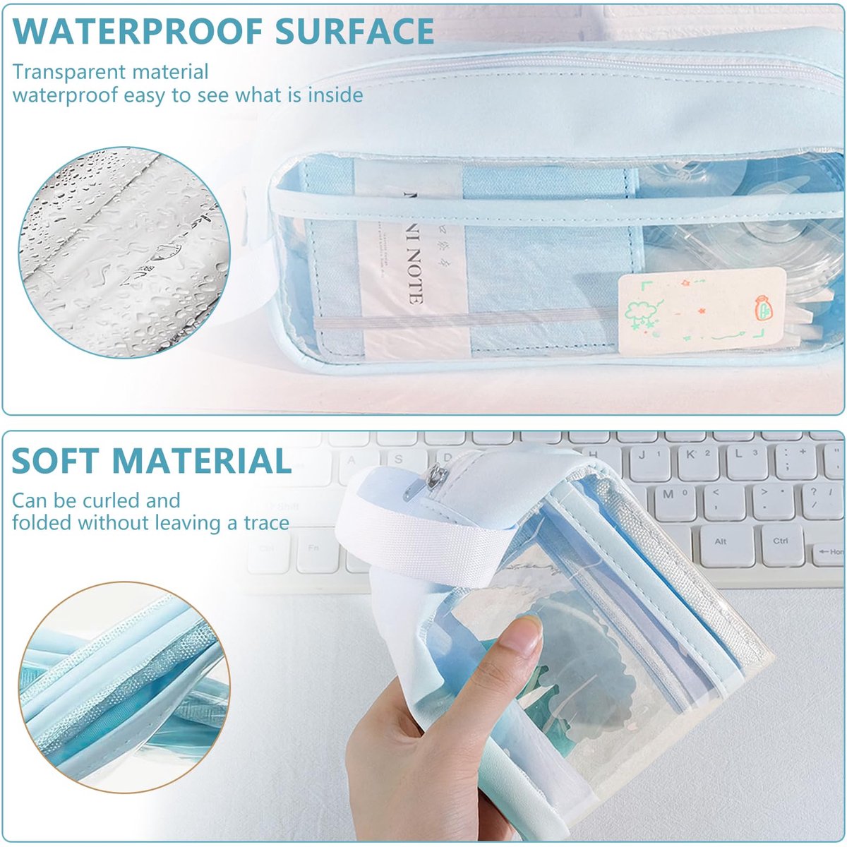 Transparent pencil case - Blue - Groot - 21 x 9 x 7 cm - For School, Boys, Girls and Adults - Pencil Case V1188-MS-313-0853