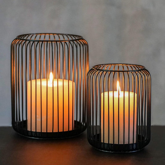 Set of 2 black metal candle holders, large oval candle holder, black decoration, metal wire lantern (Zwart) V1188-MS-313-0922