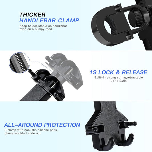 Motorcycle phone mount - Bicycle phone mount - Heavy-duty clamp for motorcycle handlebars - One-handed V1188-MS-313-1099