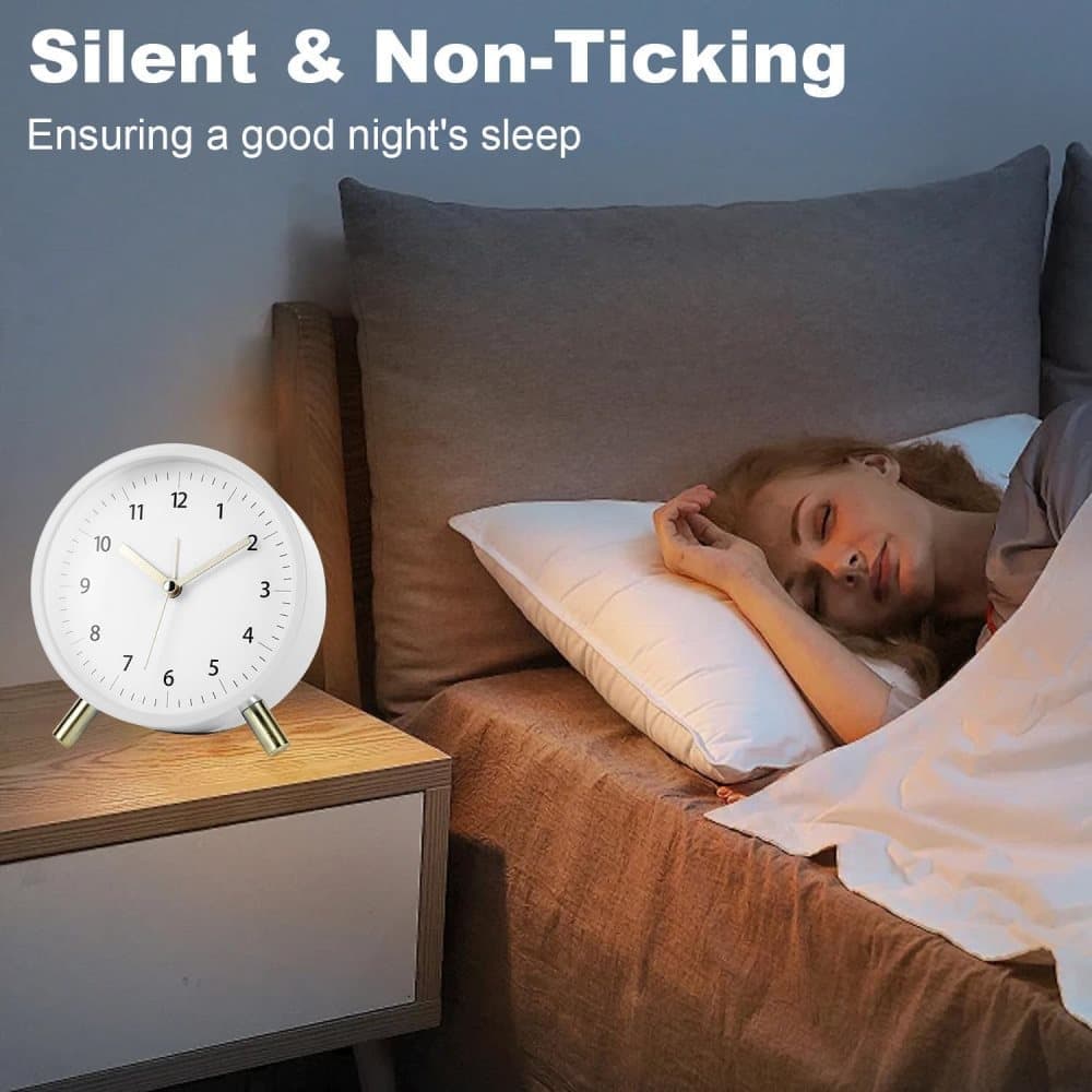 Silent Alarm Clock with Night Light and Backlight, White Metal Clock for Bedrooms and Travel V1188-MS-325-0007