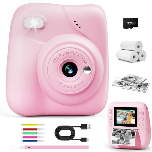 48MP Kids Digital Camera with Instant Print, 1080p FHD, 10x Zoom, 32GB Memory Card, 3-inch Screen, Pink V1188-MS-325-0020