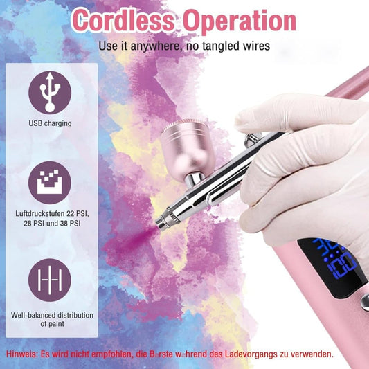 Wireless Airbrush Machine with USB Charging 3 Speed Modes for Nail Art Cake Decorating and Painting, Pink V1188-MS-325-0103