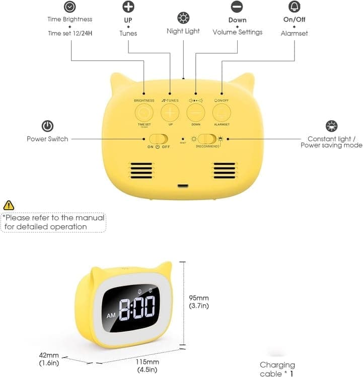 Yellow Digital LED Alarm Clock with Silent Operation, 5 Volume Levels, 5-Color Night Light, 18 Natural V1188-MS-325-0176