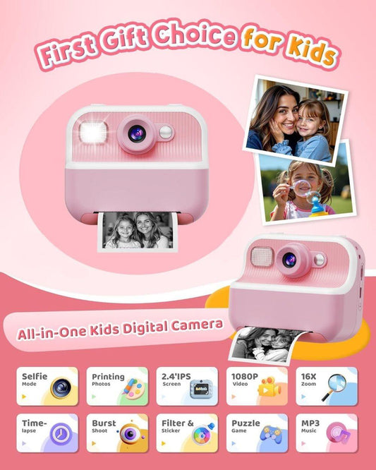 1 Children's Digital Camera with Instant Printing 1080P HD 2.4-inch Screen, Pink, Includes Paper and 32GB V1188-MS-325-0191