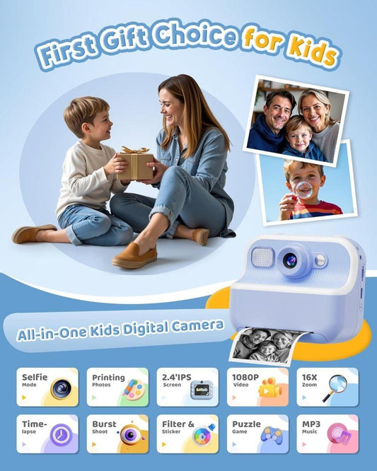 Children's Digital Camera 1080P HD with 2.4-Inch Screen, Instant Printing, Includes Paper & 32GB Card, for V1188-MS-325-0192