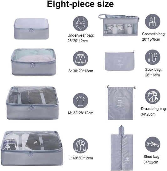 8-Piece Lightweight Water Resistant Travel Organizer for Bags, Gray V1188-MS-325-0293