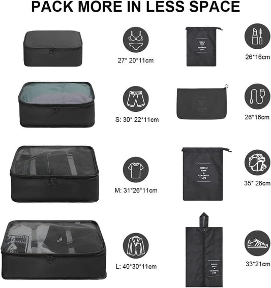 8-Piece Water Resistant Lightweight Travel Organizer for Bags, Black V1188-MS-325-0299