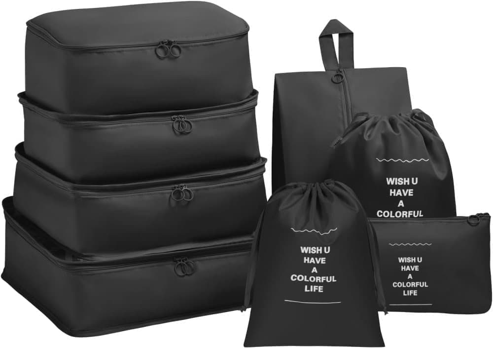 8-Piece Water Resistant Lightweight Travel Organizer for Bags, Black V1188-MS-325-0299