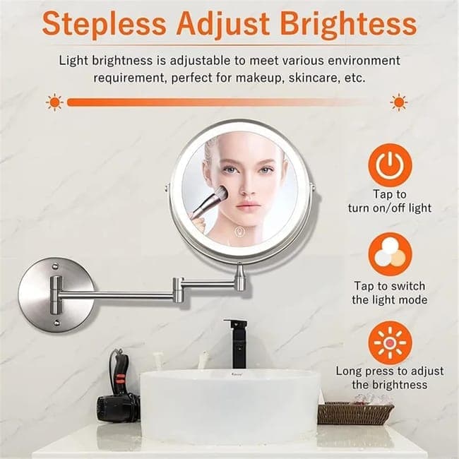 8 Inch Wall Mounted Makeup Mirror with Lights, 3x/10x Magnification, Dimmable 3 Light Modes, 360 degrees V1188-MS-325-0325