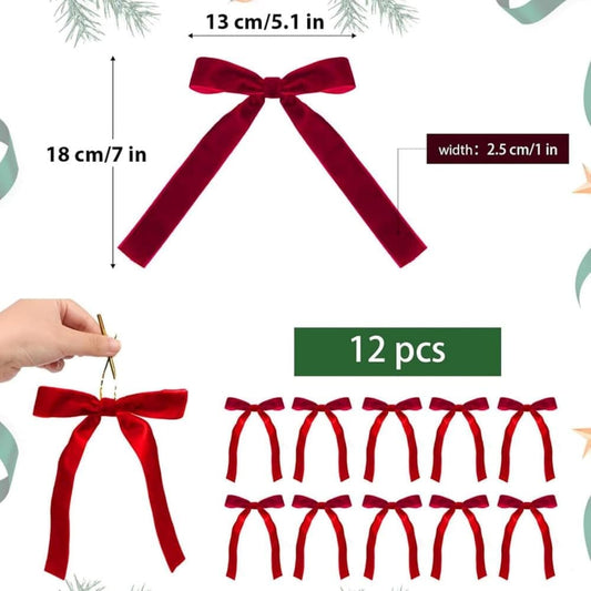 12 Christmas Bows Velvet Tree Decorations, Red V1188-MS-325-0378