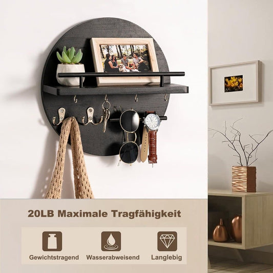 Wooden Key Holder with Storage Tray and Hooks for Hallway Corridor Bedroom Office, Black V1188-MS-325-0475