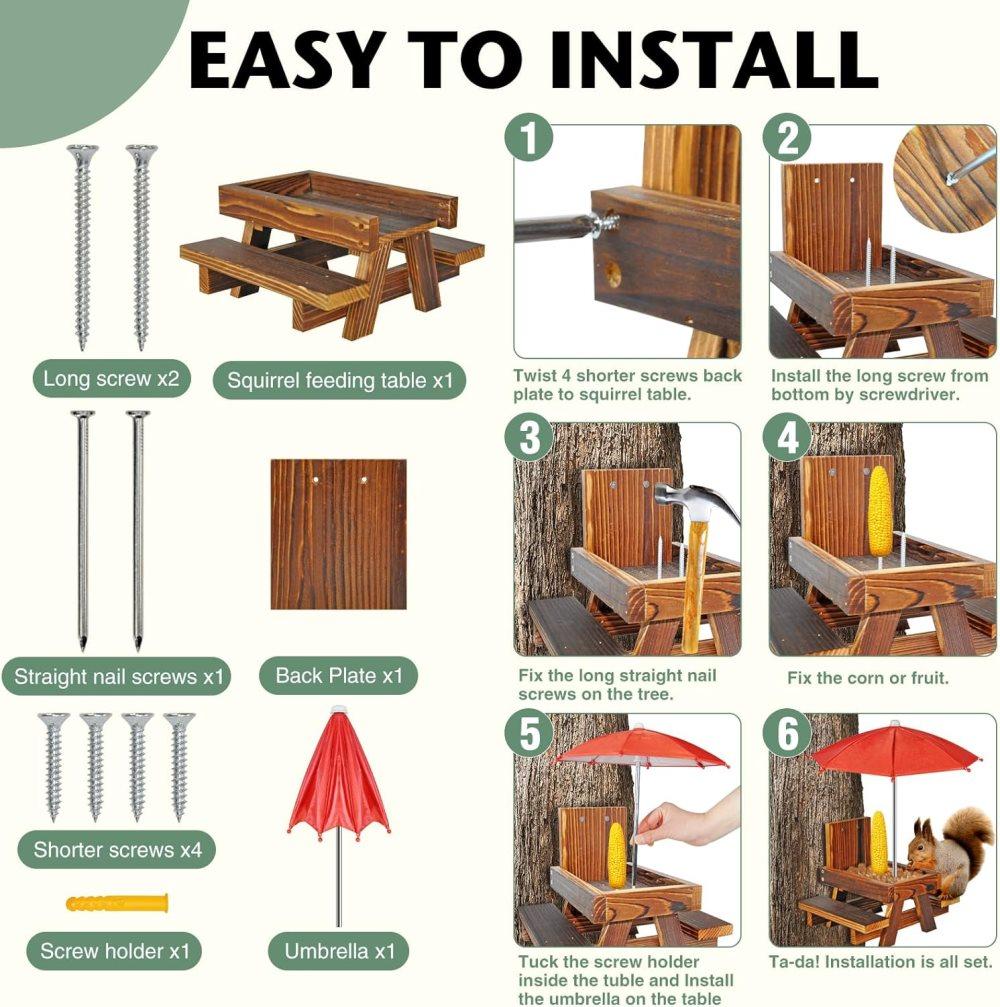 Wooden Squirrel Feeder with Parasol and Picnic Table, Outdoor Squirrel Table Set, Robust and Reliable V1188-MS-325-0666