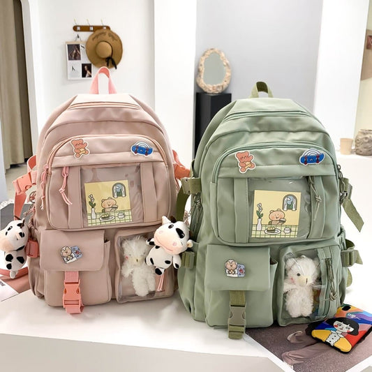 Girls Waterproof School Backpack with Accessories and Plush Pendant, Ideal for School and Travel, Pink V1188-MS-325-0695