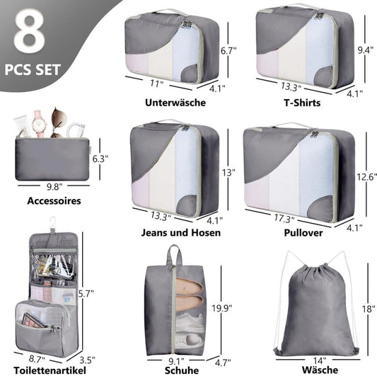 8-Piece Suitcase Organizer Set with Packing Cubes and Shoe Bags, Gray V1188-MS-325-0744