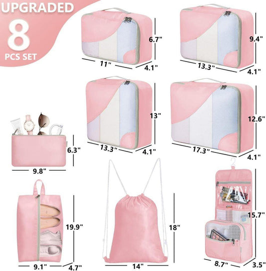 8-Piece Suitcase Organizer Set with Durable Packing Cubes and Clothing Shoe Bags, Pink V1188-MS-325-0745