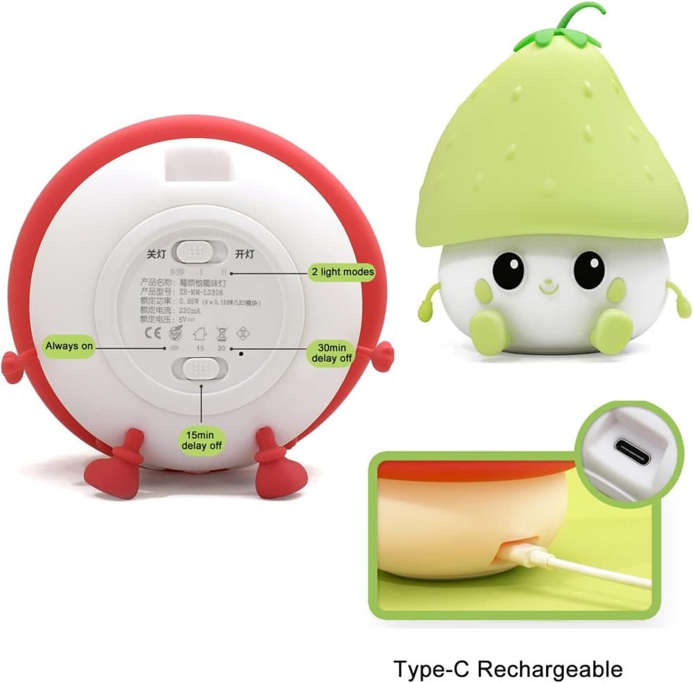 Sweet Strawberry LED Night Light Dimmable USB Rechargeable for Kids, Silicone, Green V1188-MS-325-0801