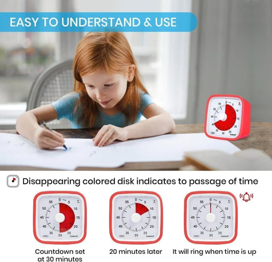 60 Minutes Visual Timer for Classrooms and Kids, Adjustable Volume, 10x10 cm, Red V1188-MS-325-1001