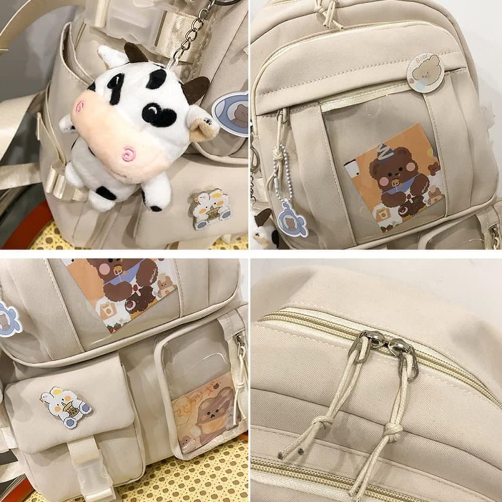 1 Children's Cute Backpack with Pins and Plush Pendant, Green, Waterproof School Backpack for Girls V1188-MS-325-1099