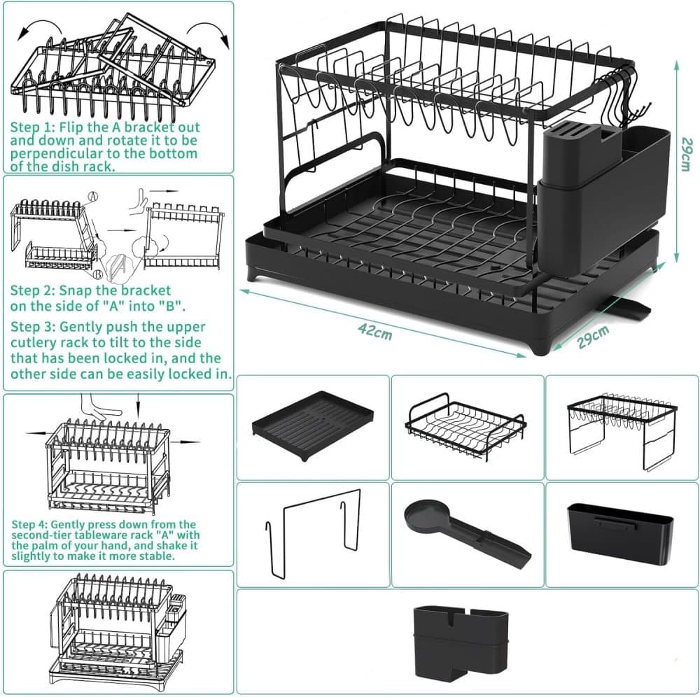 2-Tier Sink Rack with Utensil Holder and Drip Tray, Black, for Kitchen Sink Drain V1188-MS-325-1198