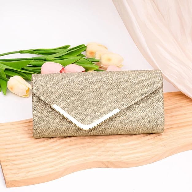 Sequin Evening Bag for Women 3-in-1 with Chain and Envelope Shape, Gold V1188-MS-325-1493