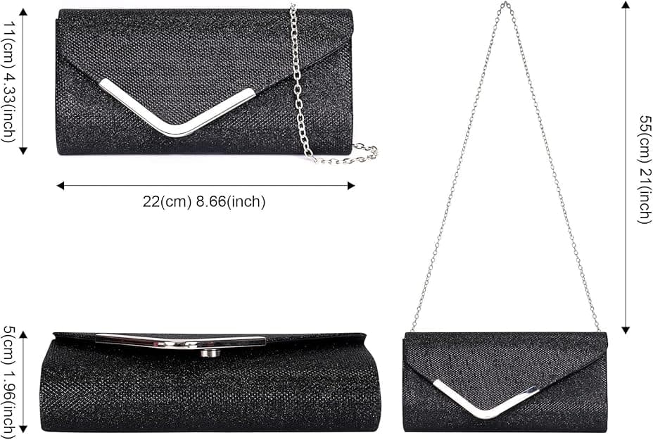 Sequin Evening Bag for Women 3-in-1 with Chain and Envelope Shape, Black V1188-MS-325-1495