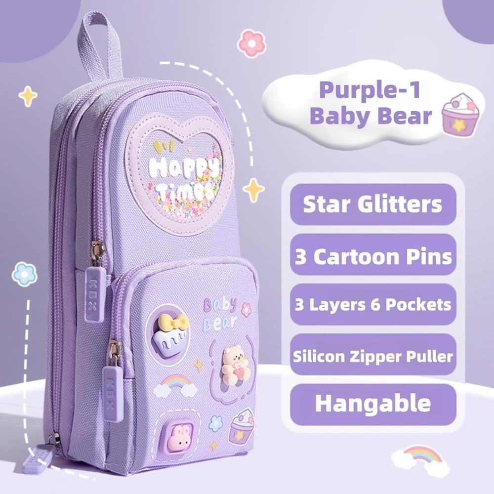 Large Capacity Cute Pencil Case with 3 Compartments, Purple V1188-MS-325-1676
