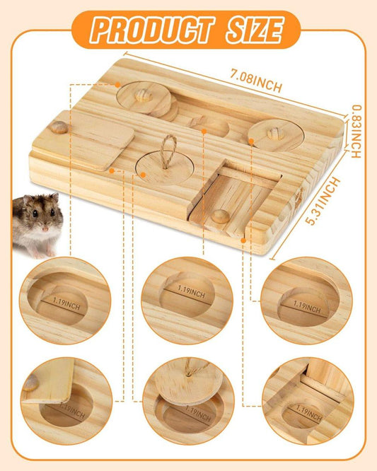 6-in-1 Hamster Feeder Interactive Wooden Game with Treat Dispenser and Rodent Search Toy for Hamsters Rabbits V1188-MS-325-1780