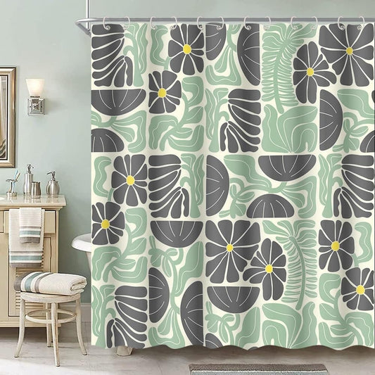 Bohemian Shower Curtain with 12 Hooks, Multicolored Abstract Floral Pattern Retro Patchwork Geometric Plants, V1188-MS-325-1784