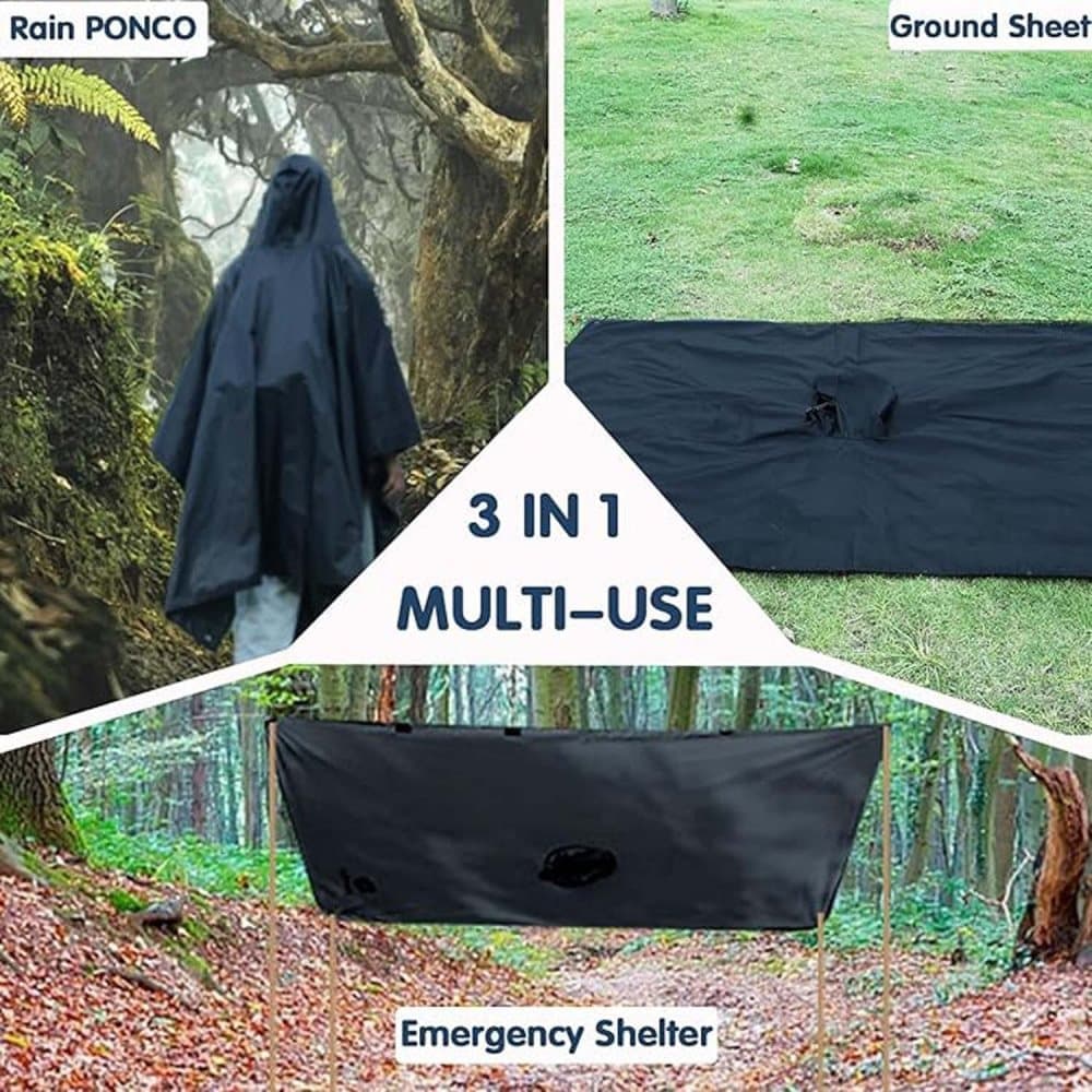 3-in-1 Waterproof Rain Jacket Poncho with Hood, Breathable Raincoat, Black V1188-MS-325-1796