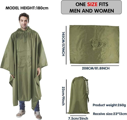 Waterproof Rain Jacket 3-in-1 Multifunctional Hooded Poncho, Green, with Tarp Underlay, Breathable and V1188-MS-325-1797