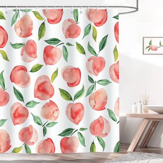 70x72 inches Shower Curtain 3D Fruit Motif Waterproof Mold Resistant with 12 Hooks, Pink V1188-MS-325-1828