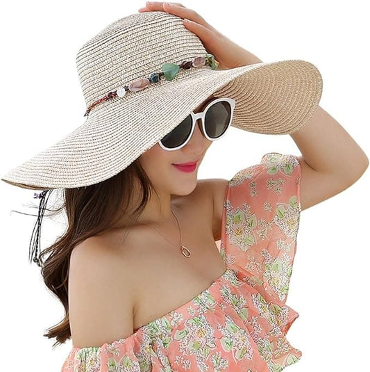 Women's Wide Brim Straw Hat UPF50+ Sun Protection Foldable Beach Hat for Summer, Beige V1188-MS-325-1919