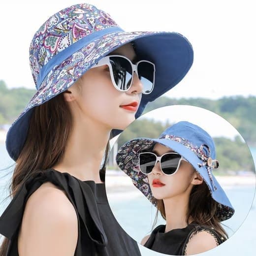 Women's Sun Hat UV Protection Wide Brim Beach Hat Foldable Visor, Double Sided Blue V1188-MS-325-1949
