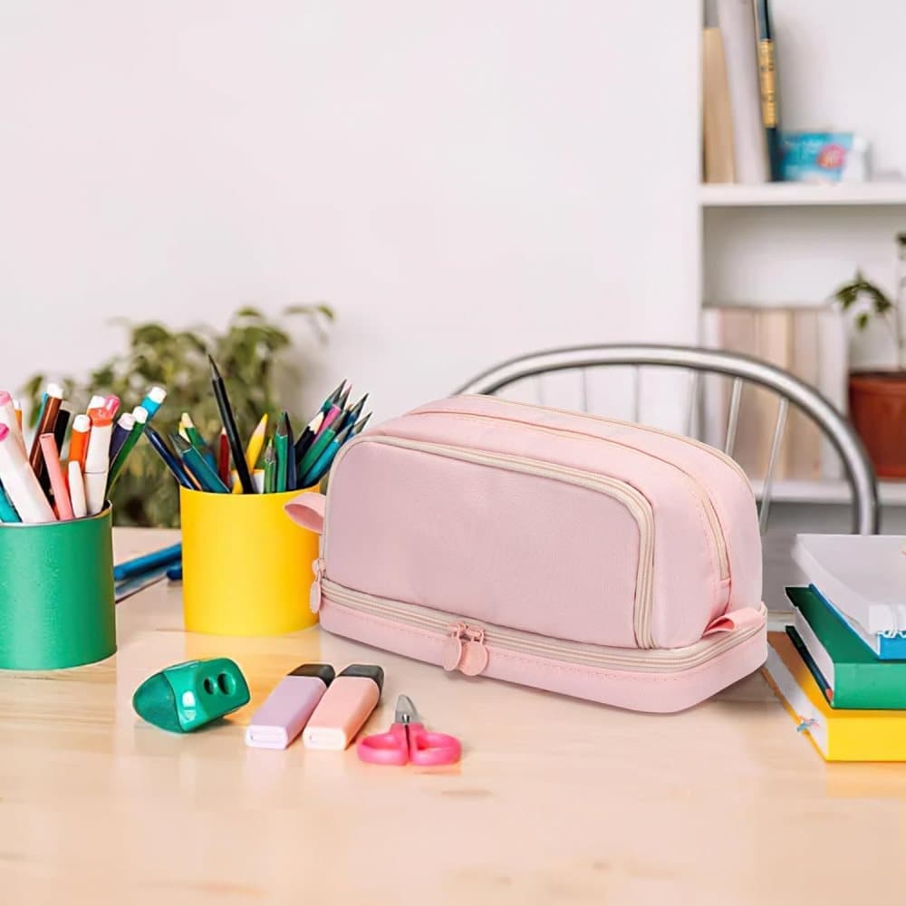 Large Pencil Case with 4 Compartments, Portable Multifunctional Pencil Bag with Handle, Pink V1188-MS-325-1973