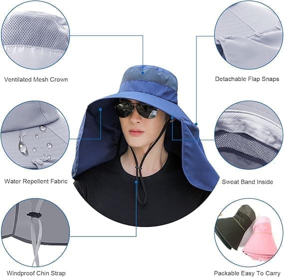 UV Protection Foldable Sun Hat with Neck Protection, Fishing and Hiking Cap, Dark Blue V1188-MS-325-1998