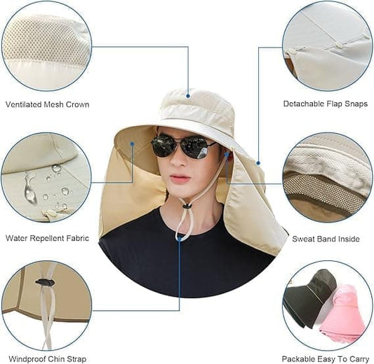 Foldable Sun Hat with Neck Protection UV Protection Fishing and Hiking Cap, Beige V1188-MS-325-1999