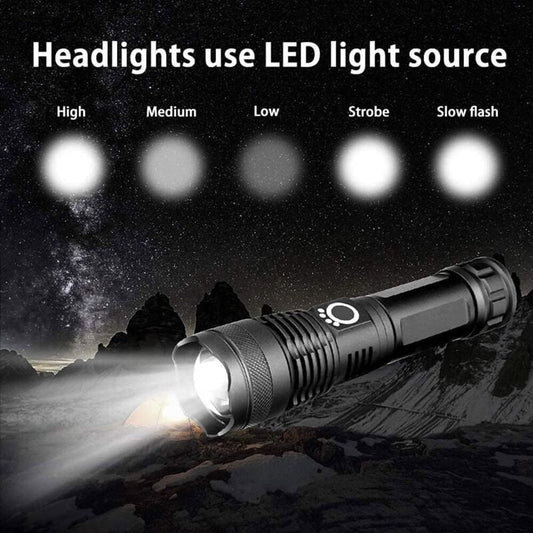 LED Flashlight, 5000 Lumens USB Rechargeable Tactical Torch, 5 Modes, Zoomable, Waterproof, 18650 Battery V1188-MS-520-074