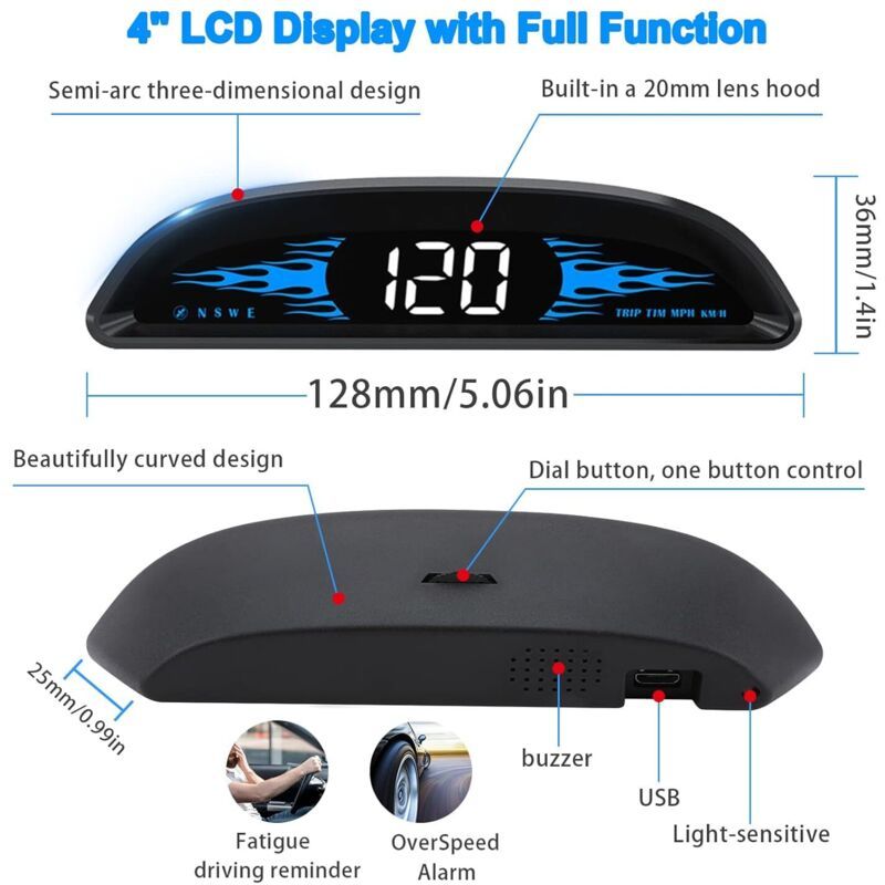 Car HUD GPS Speedometer, Universal Windshield Display with Overspeed Alarm, USB Plug and Play, 4 Inch V1188-MS-520-090