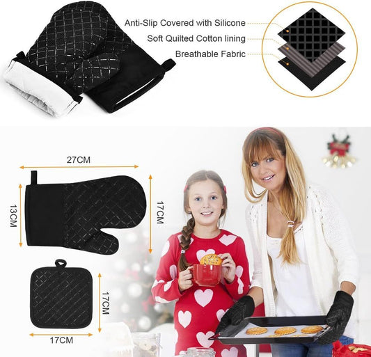 1 Pair Oven Mitts + 2 Pot Holders Set - Heat Resistant up to 230C, Silicone Non-Slip Cooking Gloves for V1188-MS-612-019