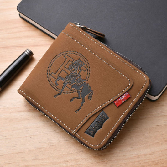 Men's Leather Wallet with Zipper and Horse Embossed Design, Multi-Card Bifold Wallet, Brown V1188-MS-617-037