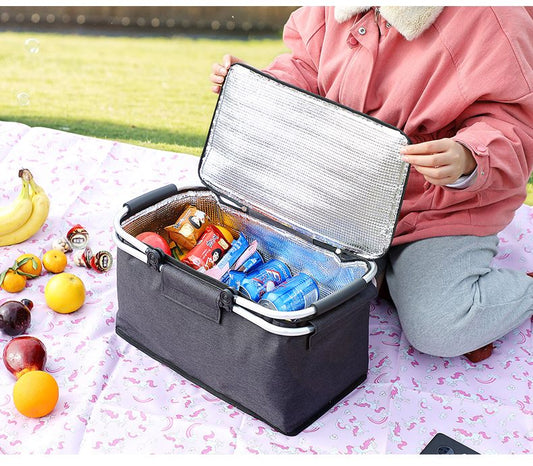 18L Insulated Picnic Basket with Aluminum Frame, Collapsible Cooler Bag, Yellow Plaid, 40 x 20 x 23 cm V1188-MS-617-078