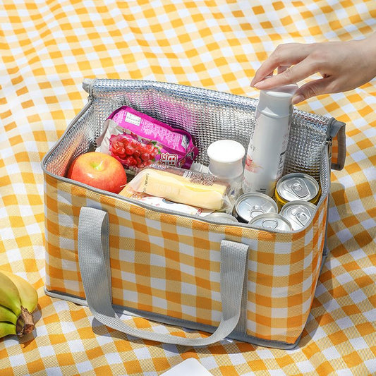 2 Pack Insulated Picnic Lunch Bags, Checkered Thermal Food Storage Totes, Yellow V1188-MS-617-079