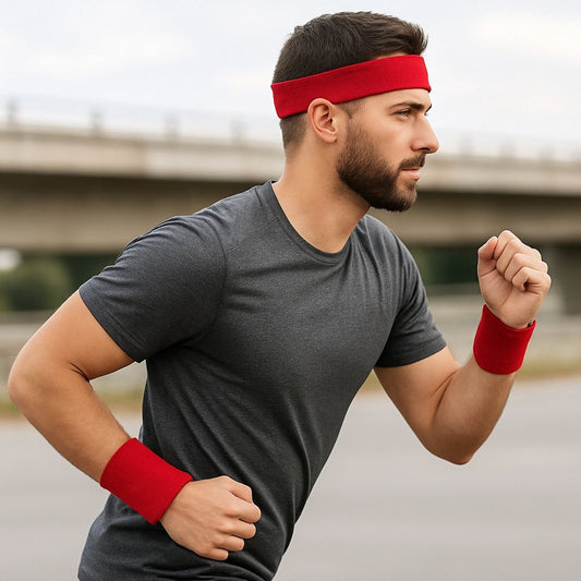 Set of Headband and 2x Wristbands Set | Sweatband | Sweatbands 6x8 CM | Head and Wrist | Sports Bands | Red V1188-MS101-00450-1