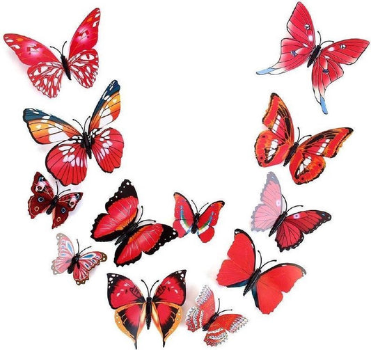 3D Wall Decoration Butterflies 12 Pieces | Wall Butterflies | Butterfly Wall Stickers | Red V1188-MS101-00486-1