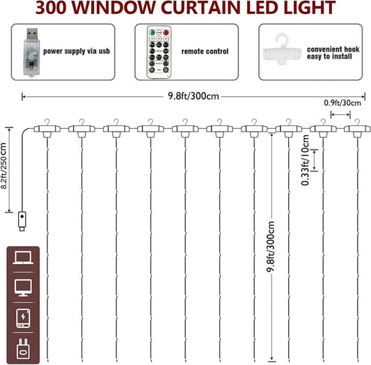 Curtain lights, Christmas lights - 300 LEDs, 8 light modes, copper string lights with remote control, USB V1188-MS101-00712-1
