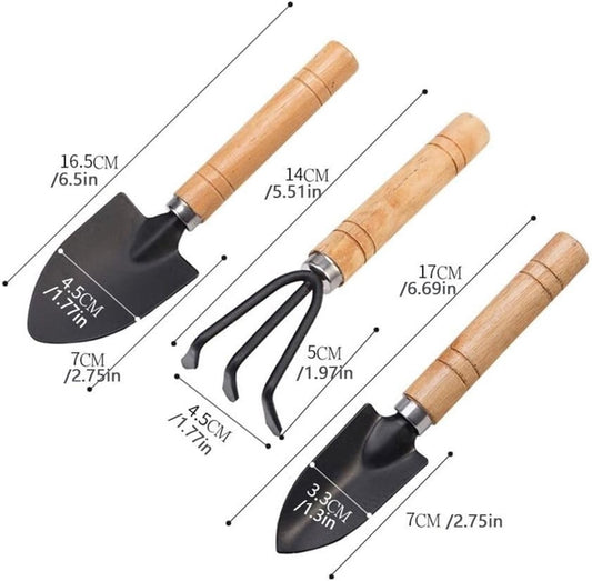 3-Piece Garden Tool Set - Wooden Handle Design - Garden Trowel, Rake and Soil Shovel - For Pots and Plants V1188-MS101-00748-1