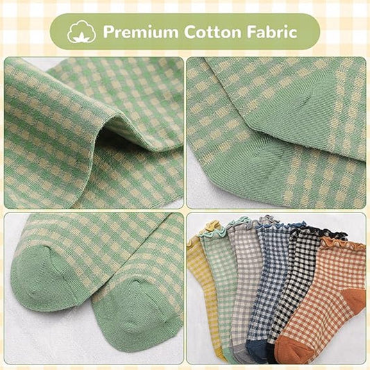 Frilly Socks - cute checked ankle socks for women - cotton knitted casual crew socks V1188-MS101-00799-1