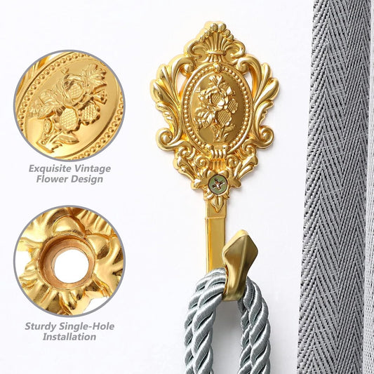 2-pack vintage curtain holders, bow hooks and rose pattern (gold-colored) V1188-MS101-00807-1