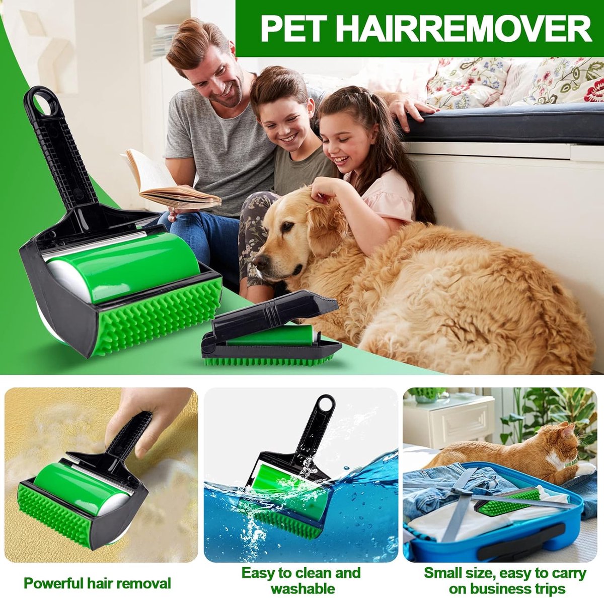 Pet hair remover - 3-in-1 lint roller - Reusable, silicone, washable - Suitable for sofas, carpets, couches, V1188-MS101-00991-1